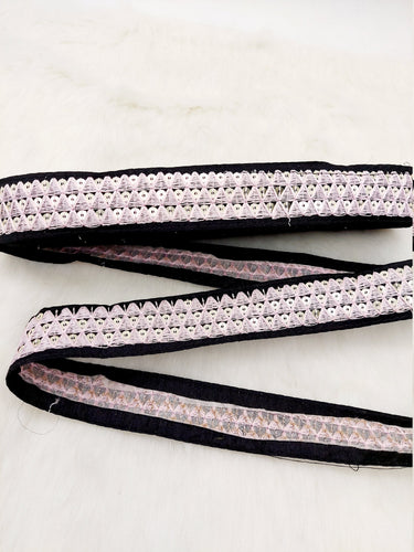 Black Cotton Fabric Lace Trim with Pink Thread and Gold Sequins Embroidery, Decorative Trim, Bohemian Trim